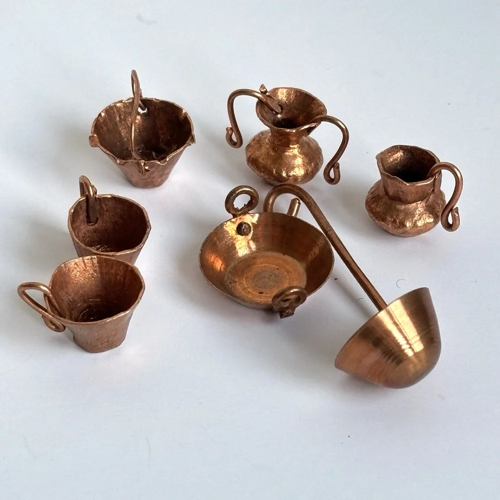 1:12 Dollhouse Miniature Copper Metal Kitchenware Set Lot 7 Pan Pot Pitcher Cups